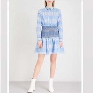 Ganni Charron Smocked Gingham Seersucker mini dress